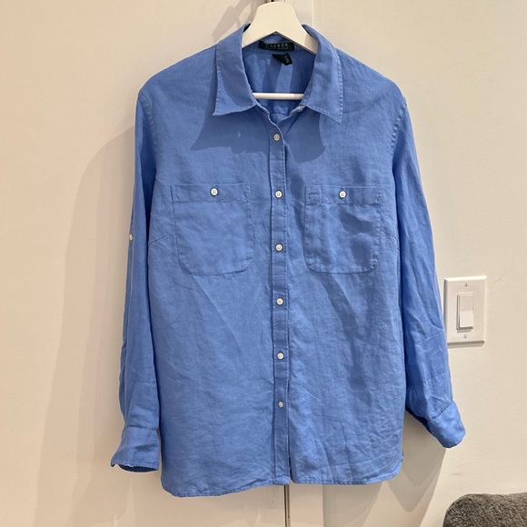 Lauren Ralph Lauren Classic Blue Shirt 100% Linen XL Preppy Old money - Picture 13 of 13
